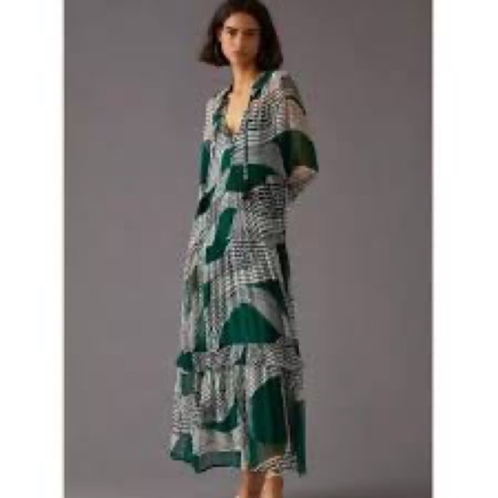 Anthropologie Green and White Geometric Tiered Maxi Dress